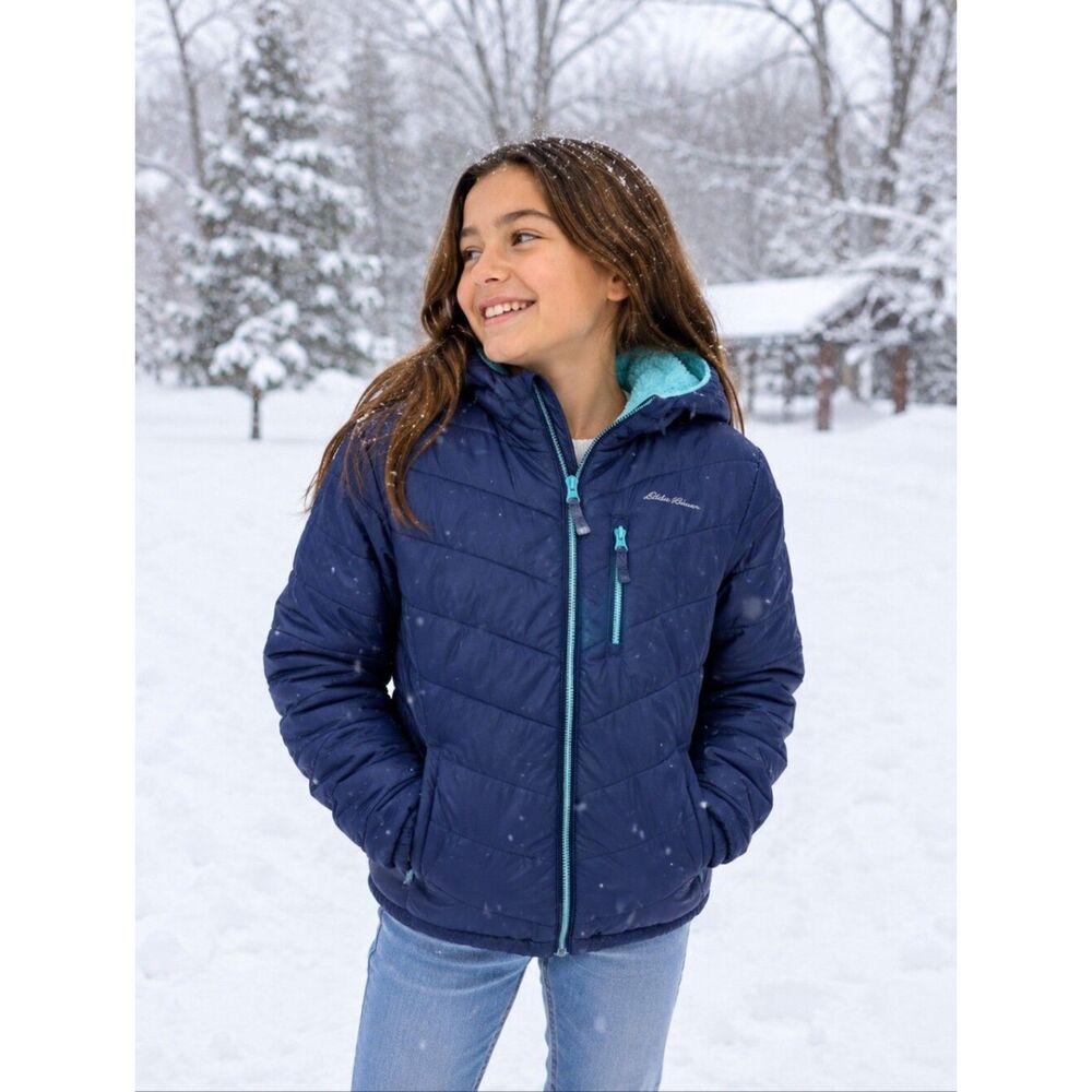 Eddie Bauer Girl's Navy Blue Puffer Jacket - L (14/16) Winter Snow Warm Kidcore